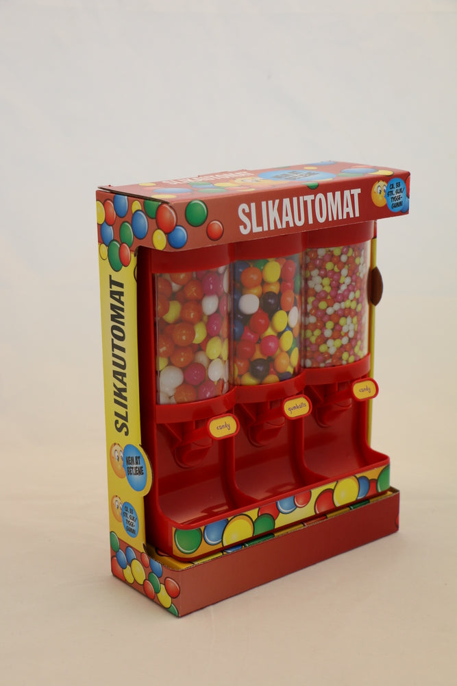 Slikautomat rød m/3 rum 60 g slik og tyggegummi mål 19x19 cm