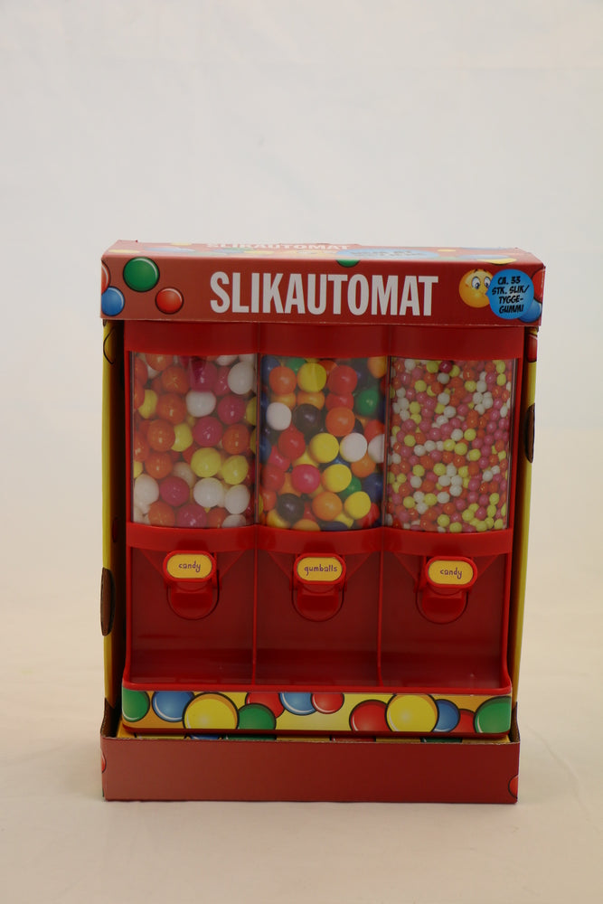 Slikautomat rød m/3 rum 60 g slik og tyggegummi mål 19x19 cm