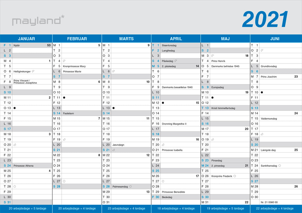 Kontorkalender A5 klassisk 2021 21 x 15 cm Mayland
