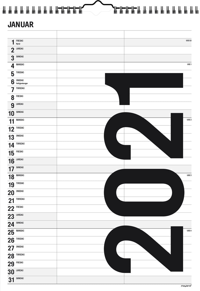 Familiekalender A4 sort/hvid 2 kol. 2021 Mayland