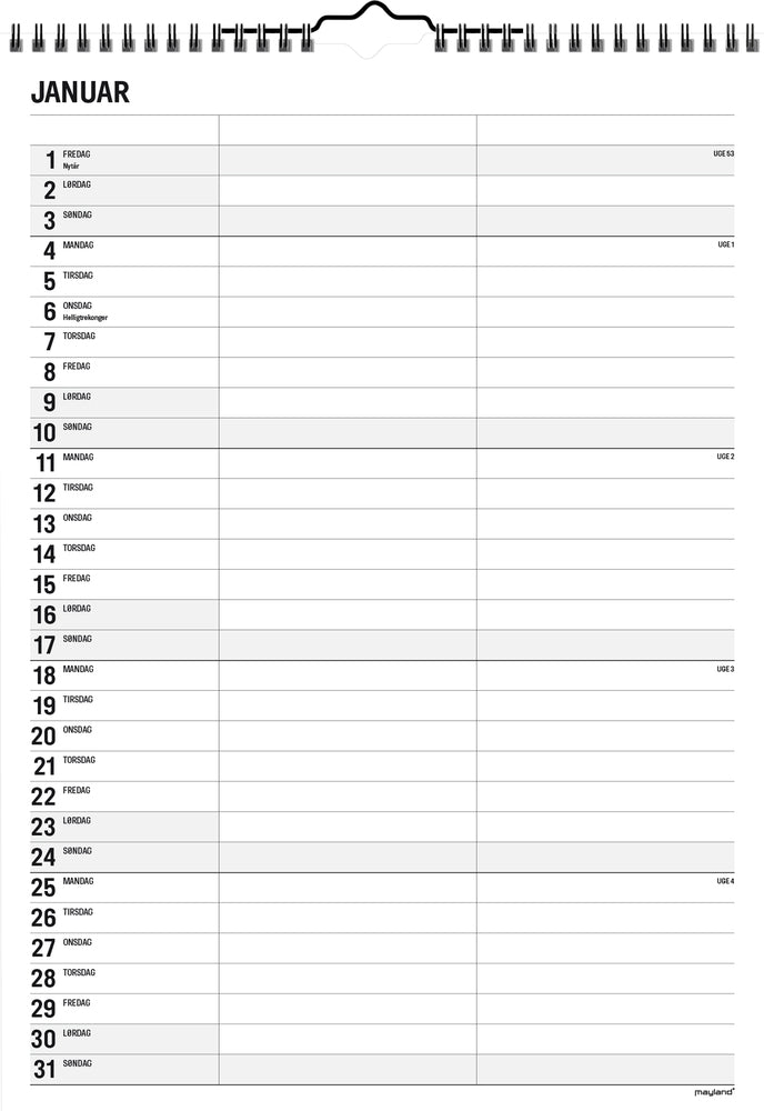 Familiekalender A4 sort/hvid 2 kol. 2021 Mayland