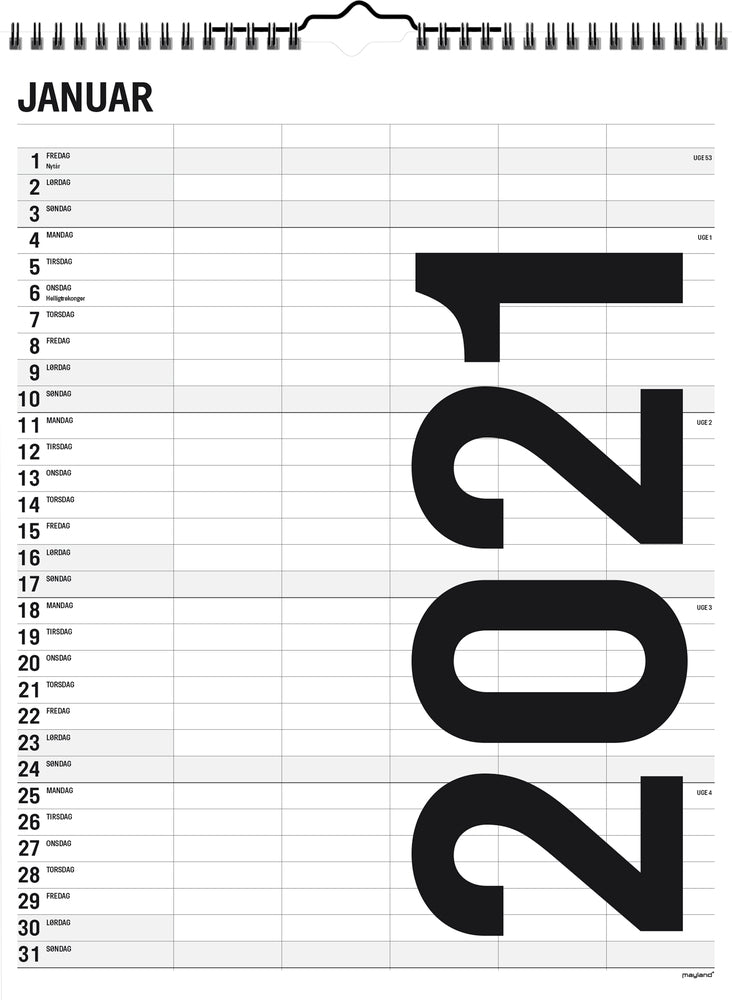 Familiekalender 29,5 x 39 sort/hvid 5 kol. 2021 Mayland