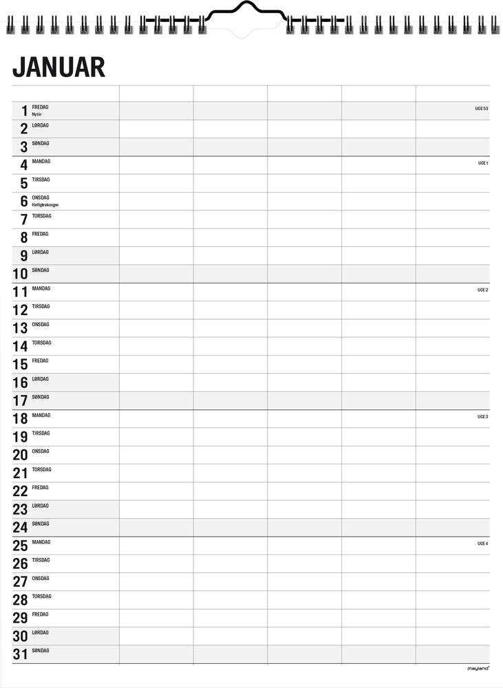 Familiekalender 29,5 x 39 sort/hvid 5 kol. 2021 Mayland