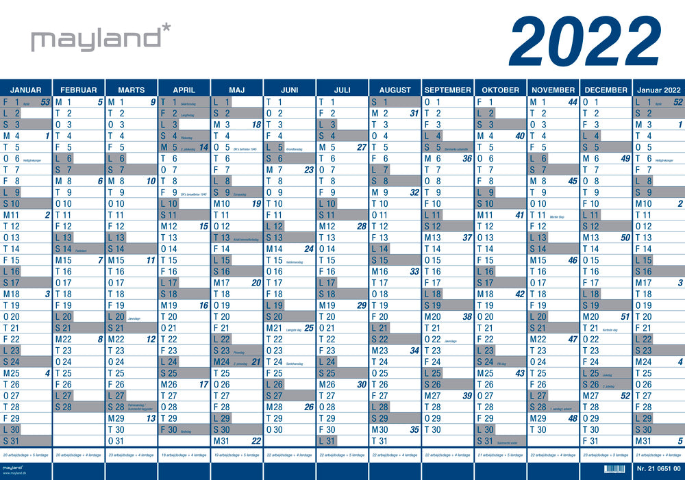 Kæmpekalender 13 mdr. pp rør 2022 100 x 70 cm Mayland