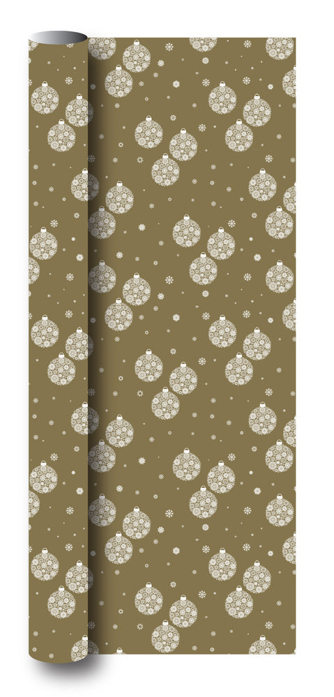 Gavepapir guld metallic m/julekugler/snefnug 3 m x 70 cm