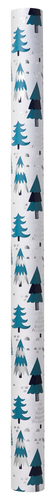Gavepapir hvid m/blå/sølv metallic juletræ   3 m x 70 cm