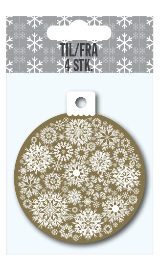 Kort til/fra guld julekugle/snefnug facon 4 stk