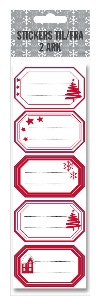 Stickers til/fra hvid/rød juletræ/hus/snefnug 2 ark