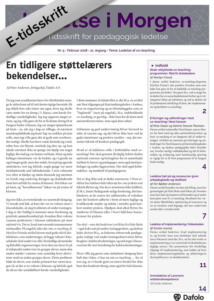Ledelse i Morgen, Nr. 5. Februar 2018. 21. årgang. Tema: Ledelse af co-teaching