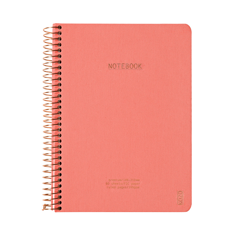 Notesbog Kozo Premium A5 coral m/spiral linieret