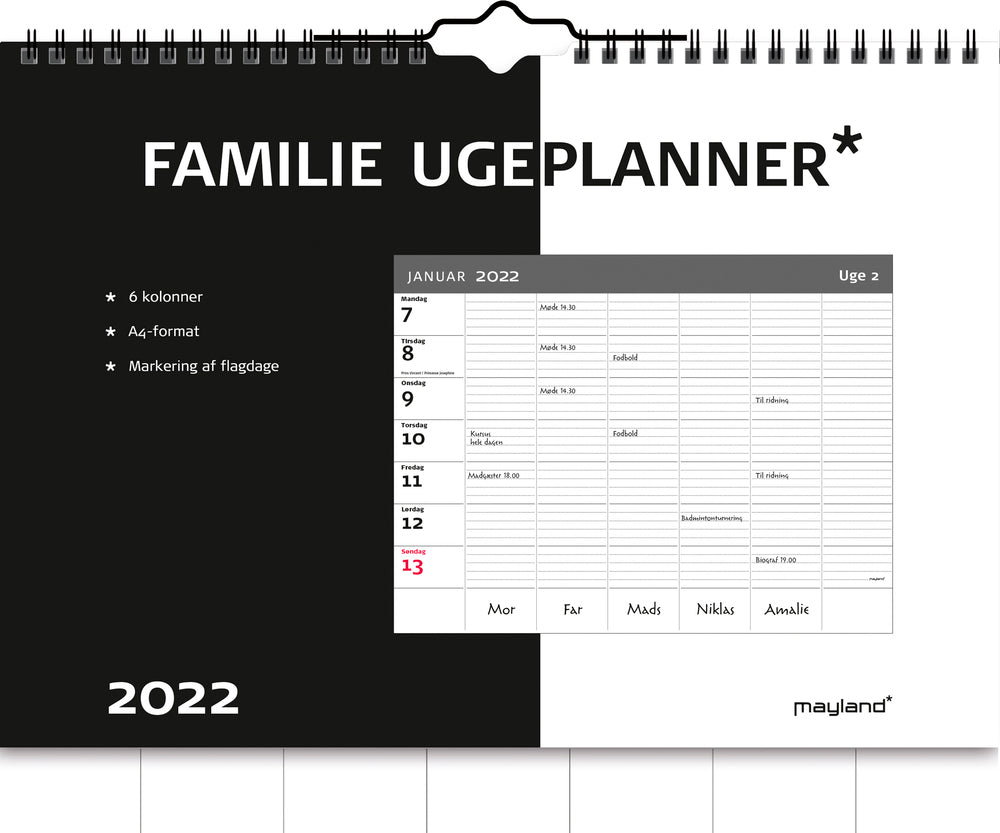 Familiekalender ugeplanner 2022 30 x 21 cm Mayland