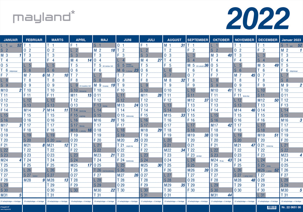 Kæmpekalender 13 mdr vinyl 2022 100 x 70 cm Mayland
