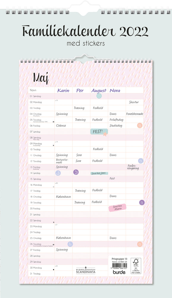 Familiekalender pastel med stickers 2022 25 x 42 cm Mayland