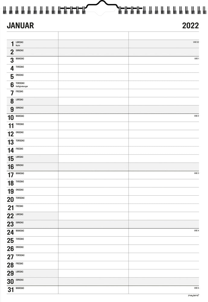 Familiekalender A4 sort/hvid 2 kol. 2022 Mayland