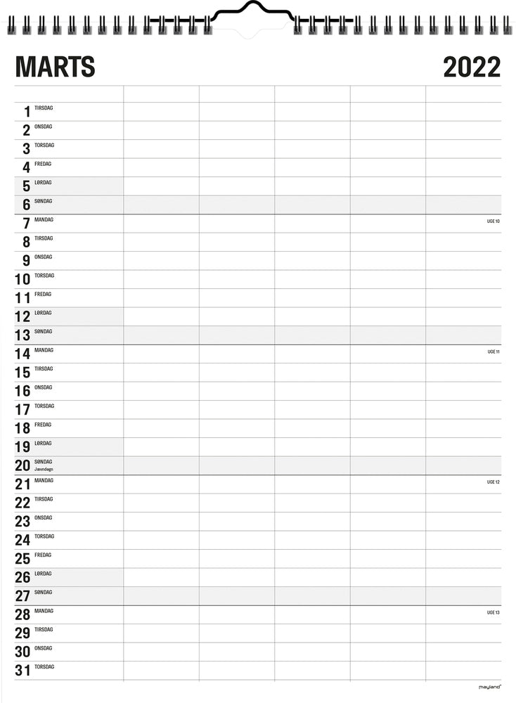 Familiekalender 29,5 x 39 sort/hvid 5 kol. 2022 Mayland