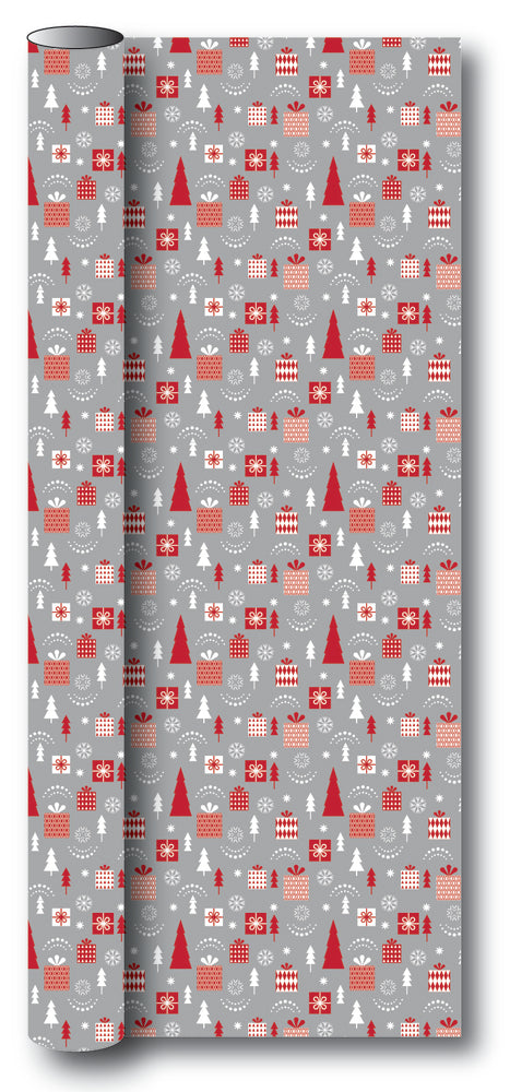 Gavepapir grå pakker/juletræer rød/hvid 3 m x 70 cm