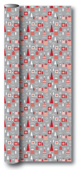 Gavepapir grå pakker/juletræer rød/hvid 3 m x 70 cm