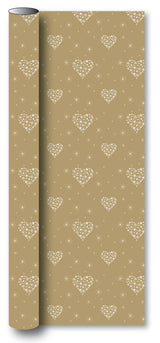 Gavepapir guld metallic m/hjerter/snefnug 3 m x 70 cm