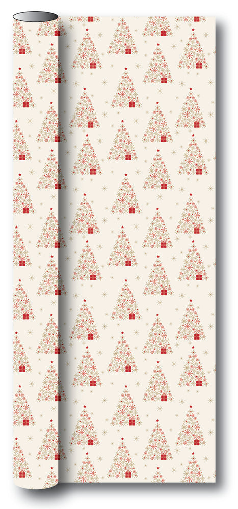 Gavepapir creme m/guld/rød metallic juletræer/pakke 3m x70cm