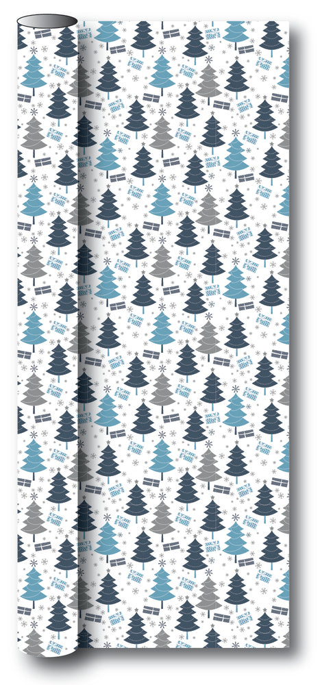 Gavepapir hvid m/blå/sølv metallic juletræ/gaver 3 m x 70 cm
