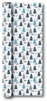 Gavepapir hvid m/blå/sølv metallic juletræ/gaver 3 m x 70 cm