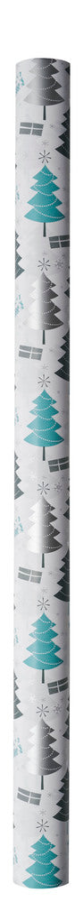 Gavepapir hvid m/blå/sølv metallic juletræ/gaver 3 m x 70 cm