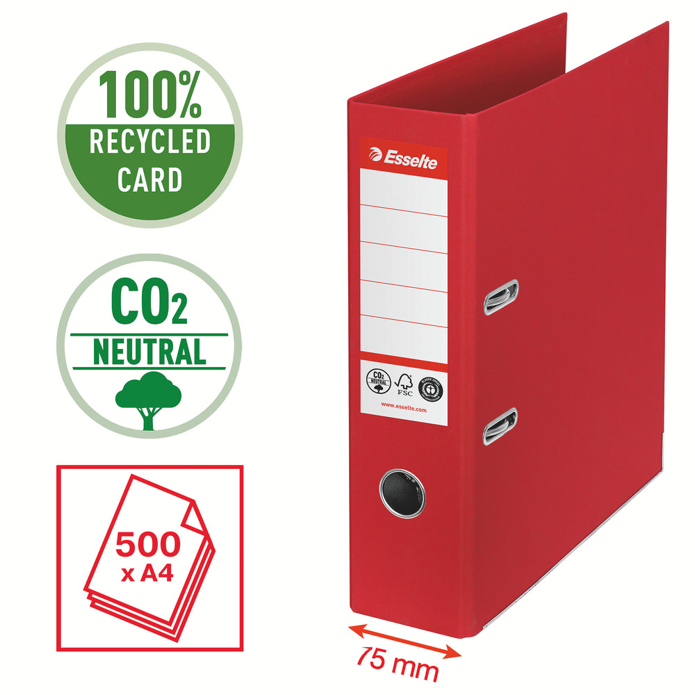 Brevordner Esselte No1 pap CO² neutral A4 75 mm ryg Rød