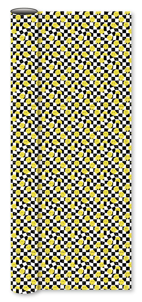 Bogbind/gavepapir smiley gul i sort/hvid tern 70cm x 2m 80 g