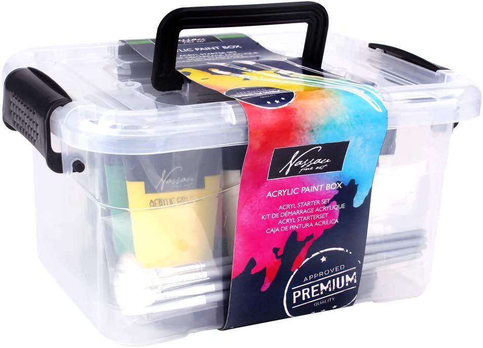 Akrylmaling, boks med 9 farver x 75 ml + 6 pensler