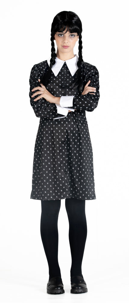 Wednesday' Addams kostume med paryk str. 140 cm