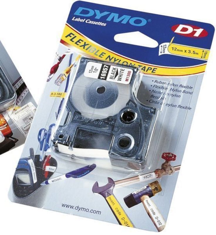 Dymo d1 nylon tape 12 mm sort/hvid