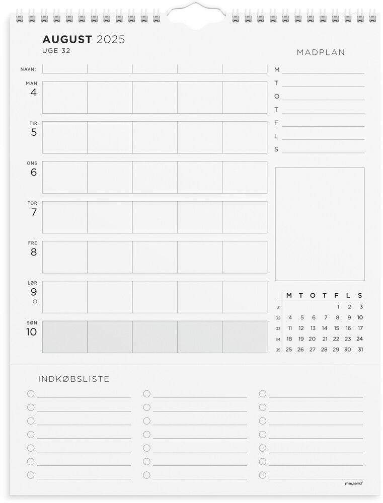 Mayland Familiekalender 2025 ugeplan m/lister