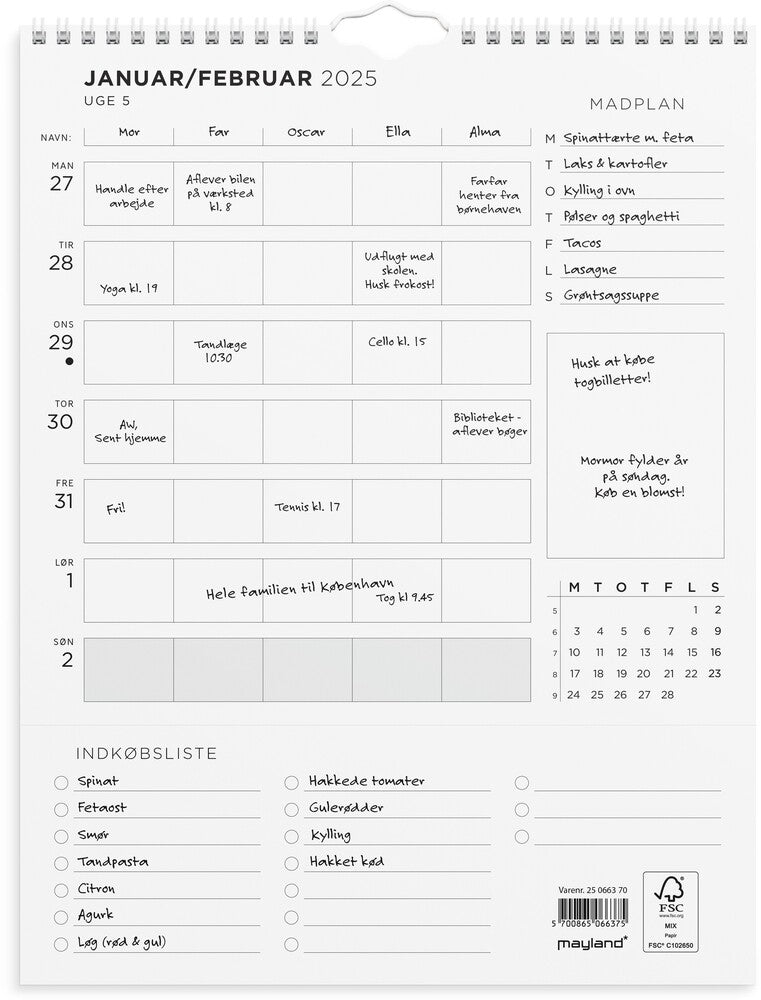 Mayland Familiekalender 2025 ugeplan m/lister