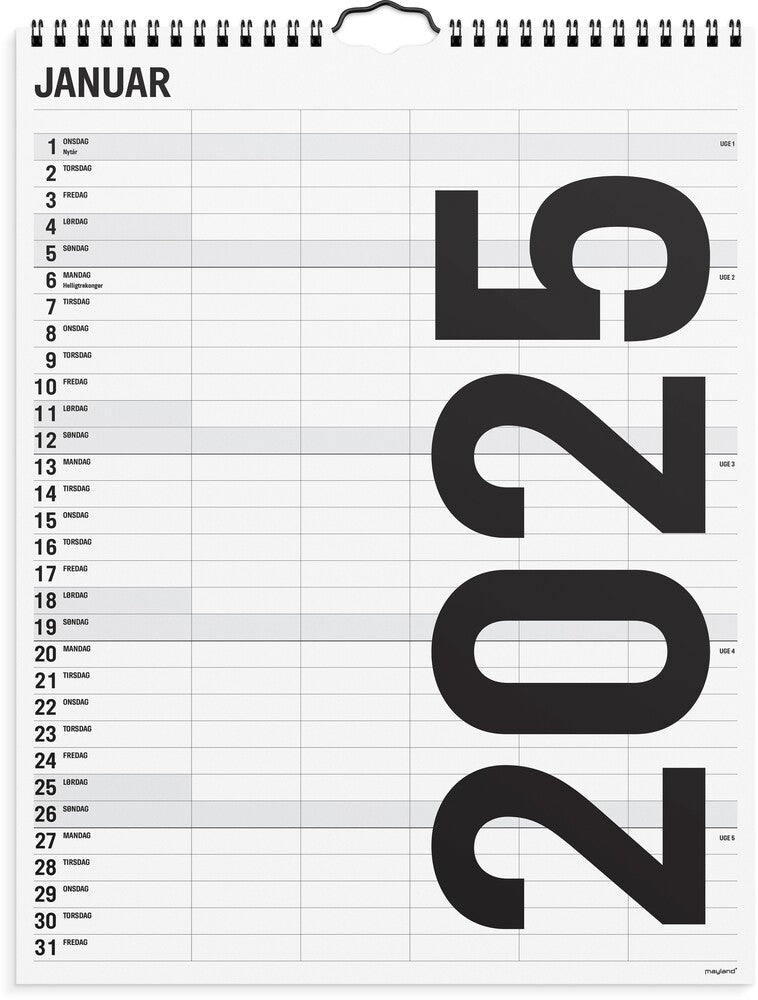 Mayland Familiekalender 2025 sort/hvid 5 kol