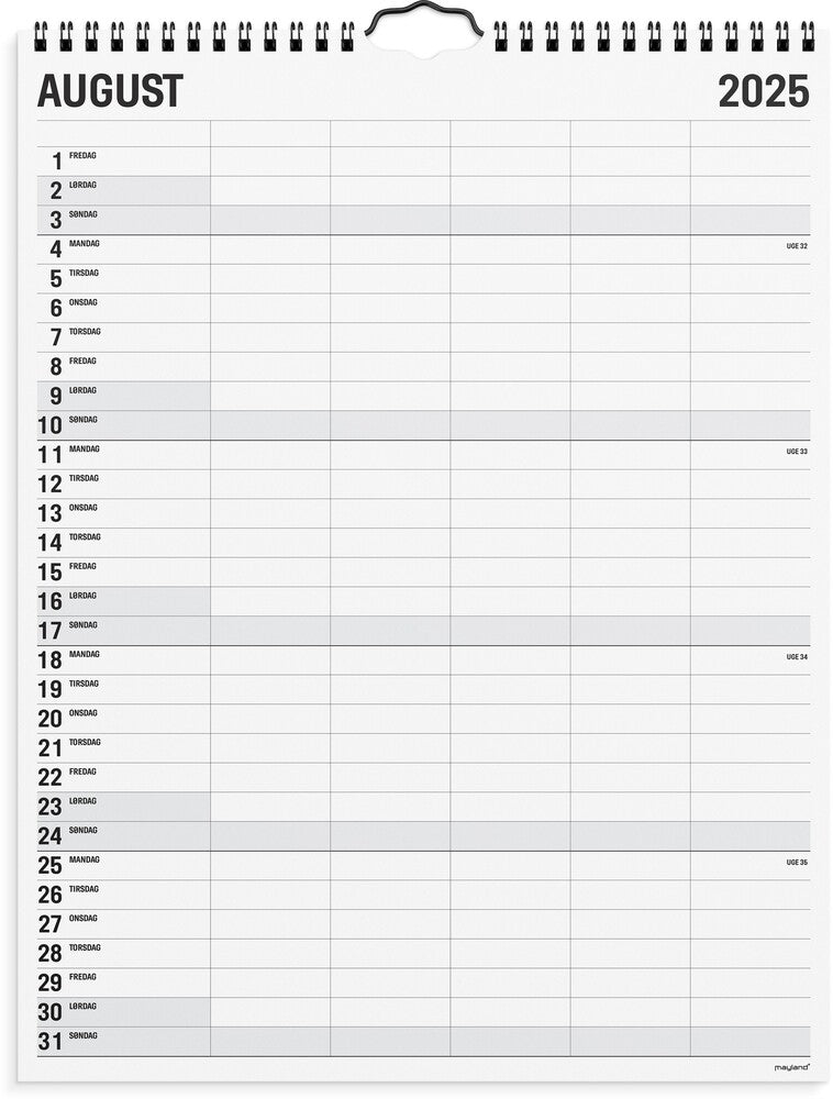 Mayland Familiekalender 2025 sort/hvid 5 kol