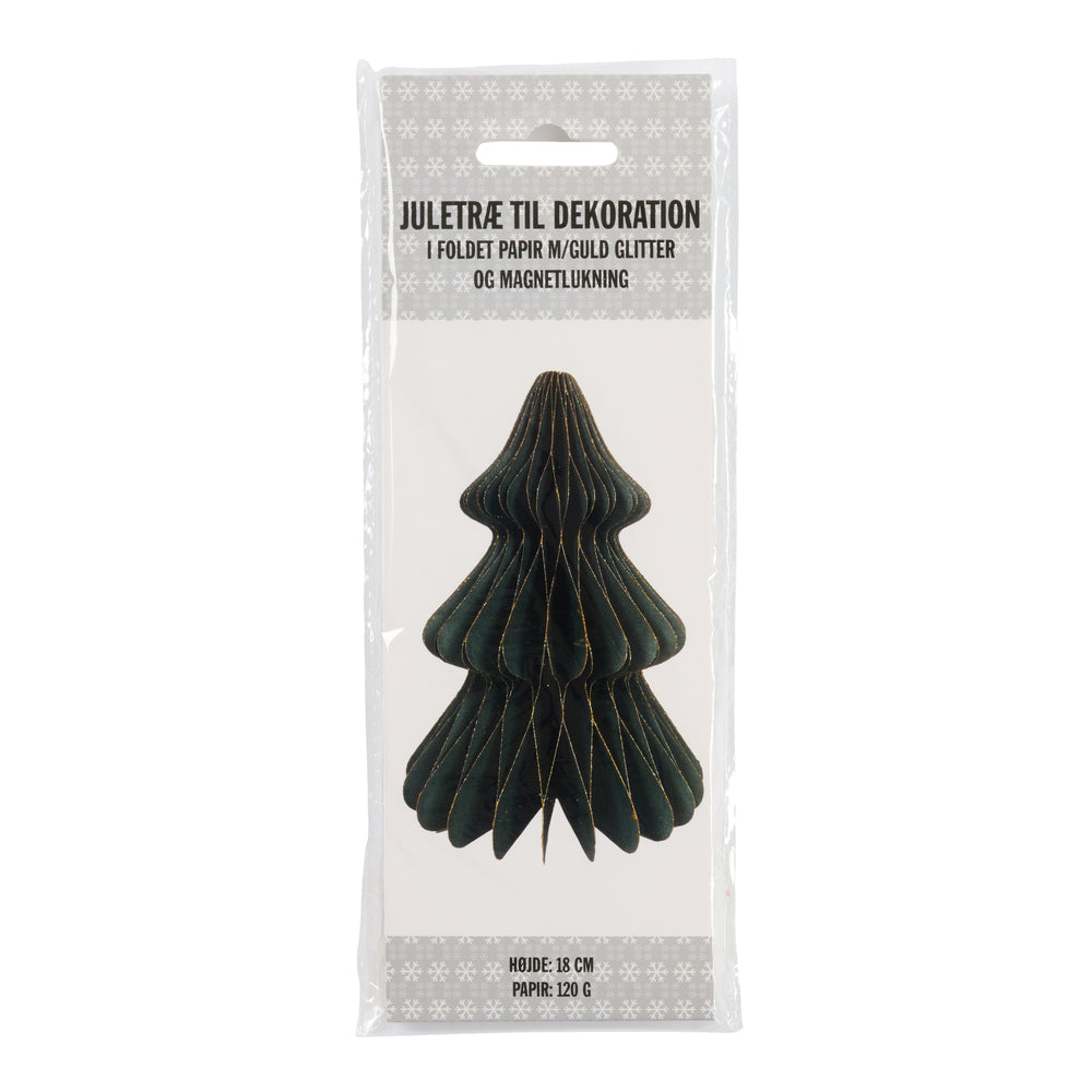 Flot dekoration papir juletræ m/glimmer og magnetluk 18 cm