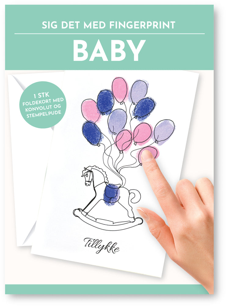 Fingerprint kort babyshower gyngehest m/konvolut og stempelpude