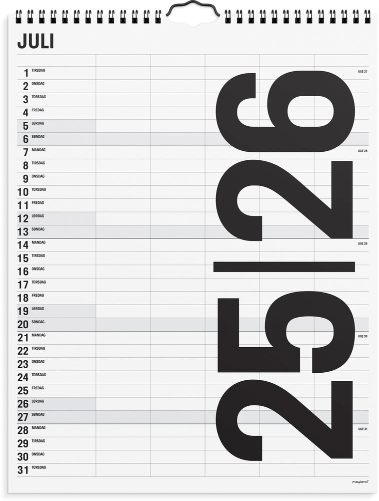 Mayland studie familiekalender 25/26 black and white 5 kolonner