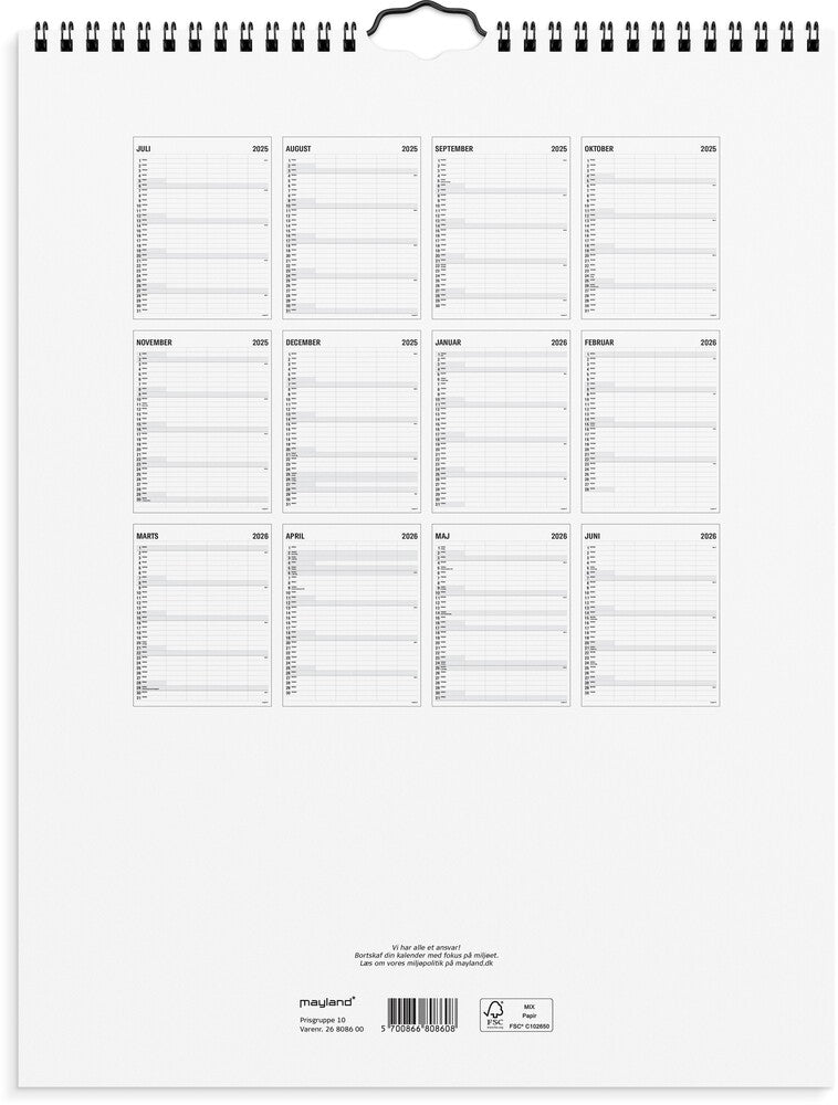 Mayland studie familiekalender 25/26 black and white 5 kolonner