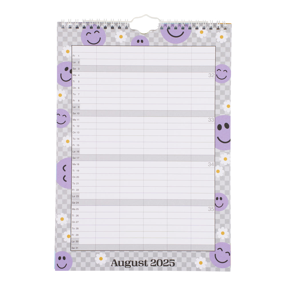 SKOLEFAMILIEKALENDER 2025/26 A4 SMILEY M/TERN I PASTELFARVER