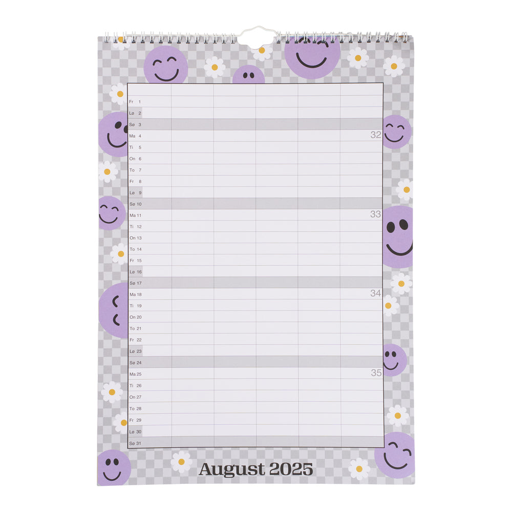 SKOLEFAMILIEKALENDER 2025/26 A3 SMILEY M/TERN I PASTELFARVER