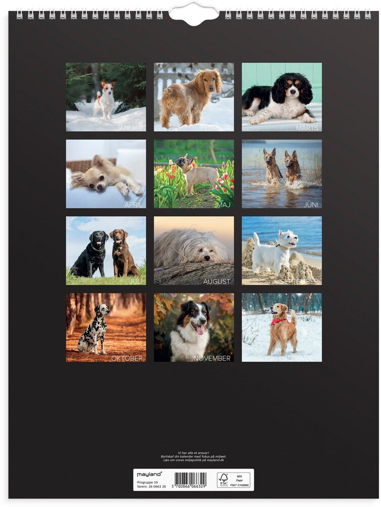 Vægkalender 2026 hunde 29,5 x 39 cm