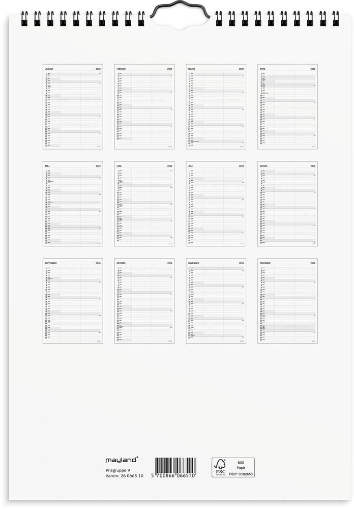 Familiekalender 2026 sort/hvid a4 2 kol