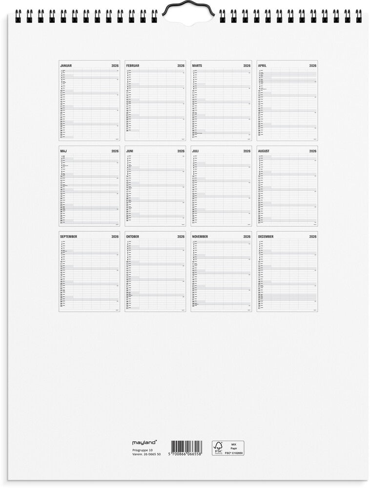 Familiekalender 2026 sort/hvid 5 kol