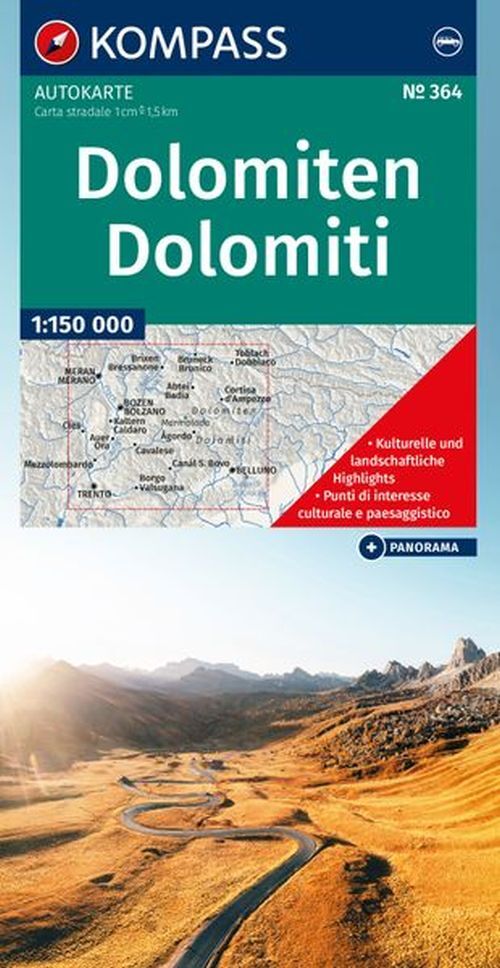 Dolomites - Dolomiten Road Map 364 + Panorama Map