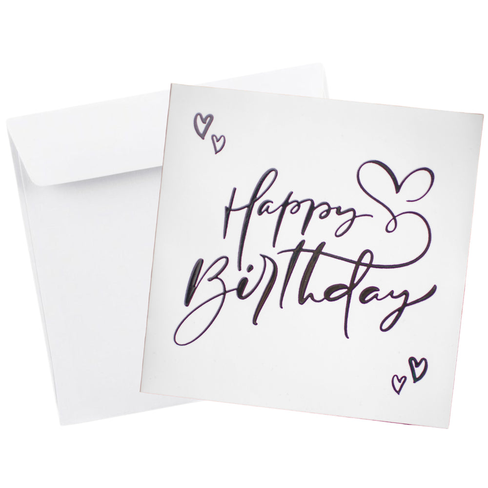 Kort Dobbelt m/konvolut Happy Birthday M/Sølv Folie
