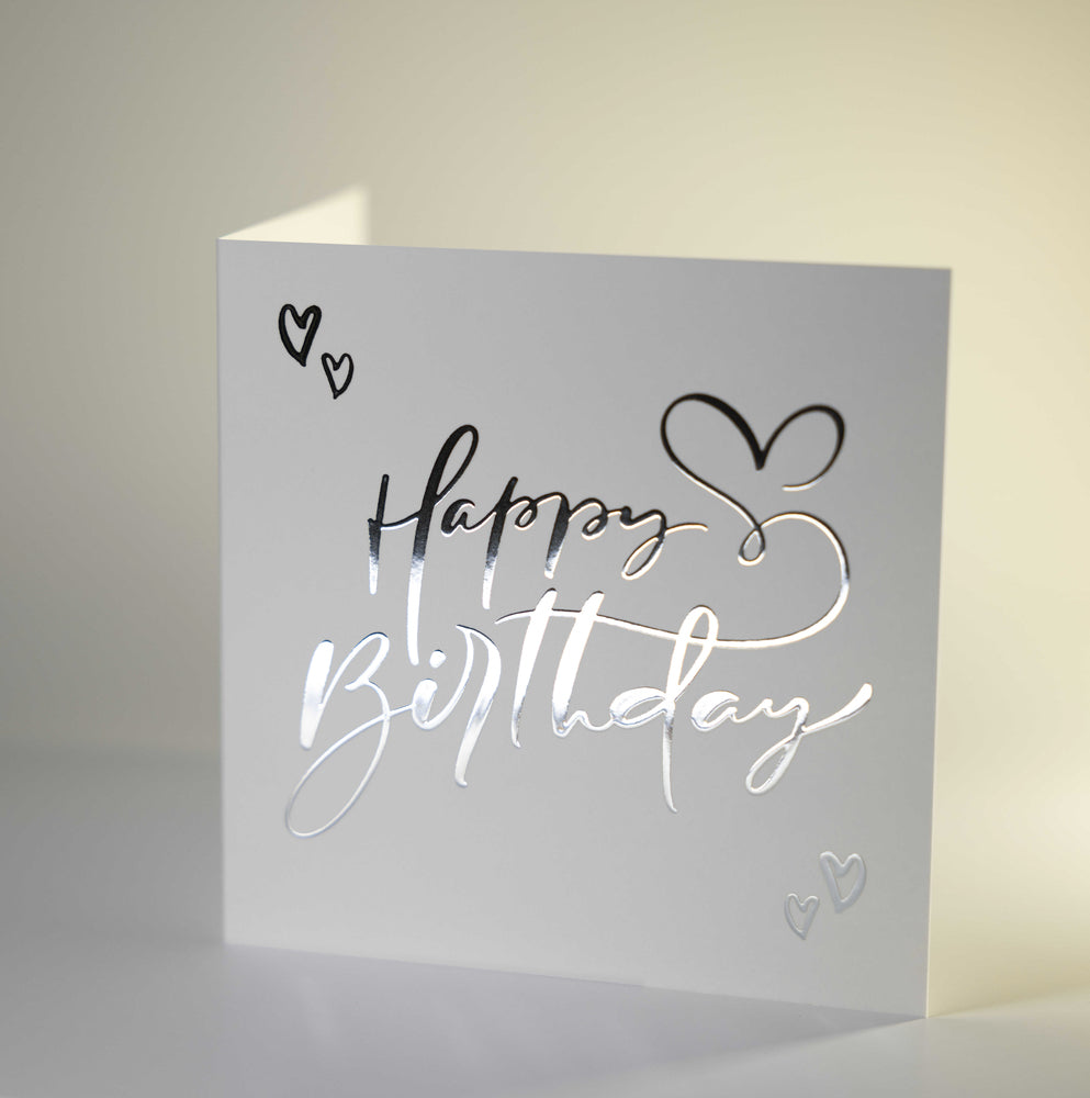 Kort Dobbelt m/konvolut Happy Birthday M/Sølv Folie