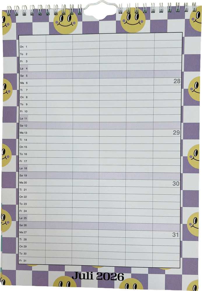SKOLEFAMILIEKALENDER 2026/27 A4 SMILEY M/TERN I PASTELFARVER