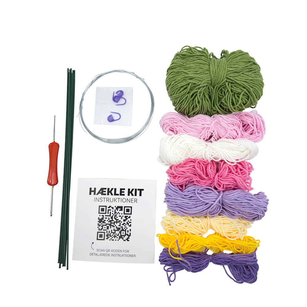 Hækle kit pastel blomster 6 stk i hvid, pink, lilla, grøn
