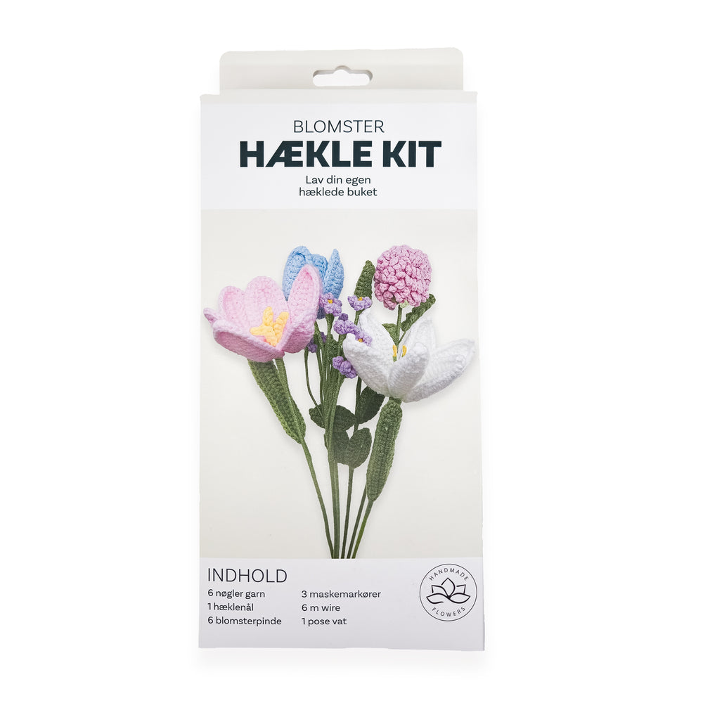 Hækle kit pastel blomster 6 stk blå, pink, hvid, lilla, grøn